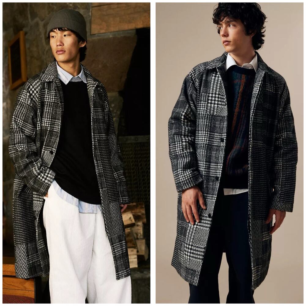 Urban Outfitters Men’s Mixed Check Mac Jacket Size Medium Plaid Long Coat Chic